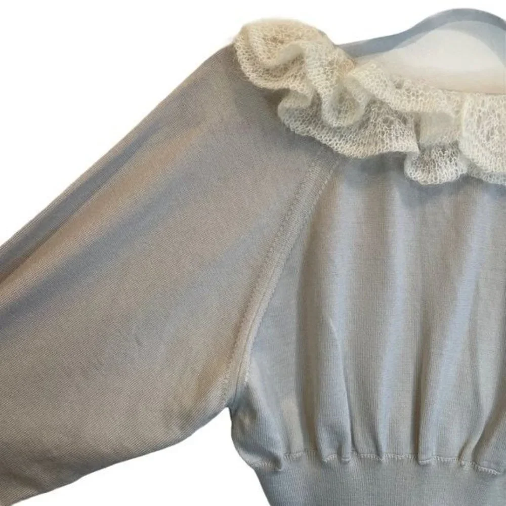 Viktor & Rolf Ruffle V-Neck Batwing Long Sleeve Top Sweater Gray Size M